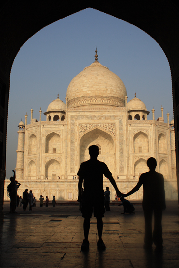 Taking in sunset together over the Taj Mahal